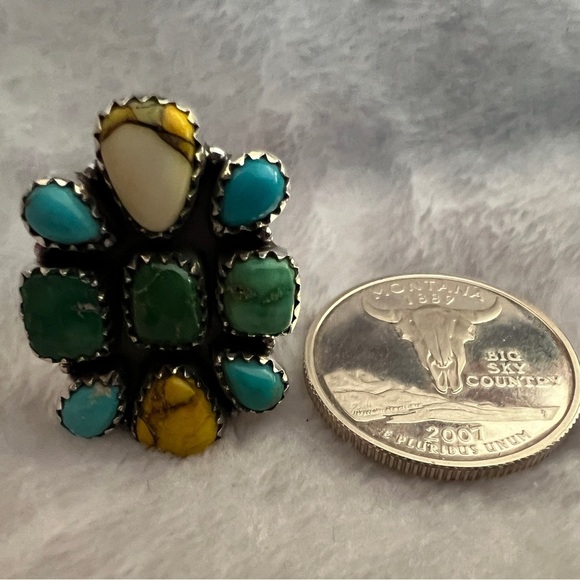 ❤️ Kingman Honey Dahlia Emerald Valley Turquoise Cluster 925 Navajo Ring Sz8 Adj - Picture 13 of 13